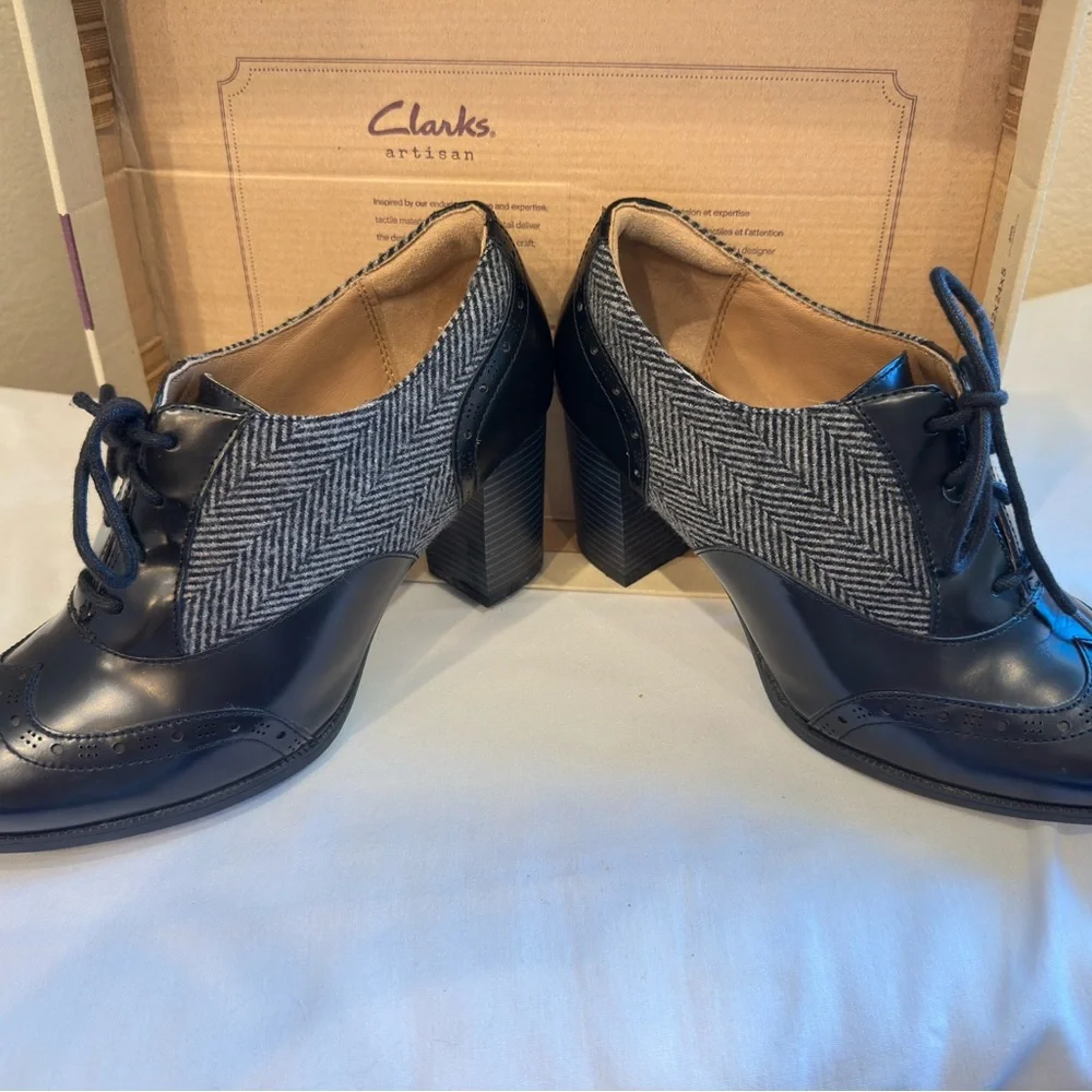 Clarks Women's Black Combi Ciera Brine Leather Block Heel Oxford shoes - Picture 3 of 4
